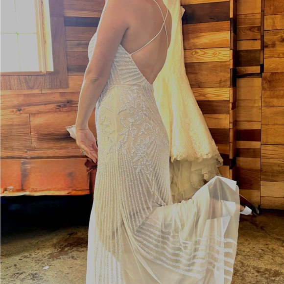 david's bridal backless dress | Dresses | Davids Bridal White satin charmeuse Angel Maternity Roxy Lace Color:Chambray